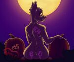  ambiguous_gender ambiguous_species anthro anus apple_bombs butt claws food fruit halloween holidays light moon moonlight plant pumpkin rear_view sitting sky solo star starry_sky ych_(character) your_character_here 