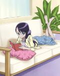  1girl artist_request casual commentary couch english_commentary eyelashes glasses hair_ornament hair_scrunchie happy heartcatch_precure! highres looking_at_viewer low_ponytail lying official_art pillow ponytail precure precure_connection_puzzlun reading scrunchie smile solo third-party_source tsukikage_yuri 