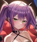  1girl :3 bare_shoulders black_bra black_choker bra breasts chess_piece choker cleavage closed_mouth criss-cross_halter ear_piercing fang green_eyes halterneck holding_chess_piece hololive lace-trimmed_bra lace_trim lingerie long_hair looking_at_viewer multicolored_hair nannung piercing purple_hair sidelocks smile solo streaked_hair string_bra tokoyami_towa twintails underwear underwear_only upper_body virtual_youtuber 