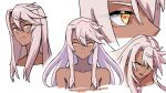  19_chisinlo 1girl absurdres bare_shoulders breasts chloe_von_einzbern collarbone dark-skinned_female dark_skin fate/kaleid_liner_prisma_illya fate_(series) hair_between_eyes highres long_hair looking_at_viewer multiple_views open_mouth orange_eyes pink_hair sidelocks small_breasts smile 