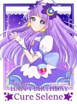  1girl blue_eyes character_name choker crescent crescent_earrings cure_selene dated dress earrings hair_ornament happy_birthday heart_pouch jewelry kaguya_madoka long_hair looking_at_viewer magical_girl planet_hair_ornament precure puffy_sleeves purple_background purple_choker purple_dress purple_hair rainbow_skirt smile solo star_(symbol) star_choker star_color_pen star_color_pendant star_twinkle_precure tanshi_tanshi twitter_username upper_body white_background 