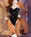  absurd_res anthro brown_body bunny_costume canid canine caterrin clothed clothing costume cuffs_(clothing) female fox fur hair hi_res leotard mammal solo 