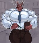  absurd_res anthro belt big_muscles big_pecs blue_eyes bottomwear brown_bottomwear brown_clothing brown_pants bulge clipboard clothing deer eyewear fur glasses hi_res horn huge_muscles hyper hyper_muscles male mammal multicolored_body multicolored_fur muscular muscular_anthro muscular_arms muscular_legs muscular_male muscular_thighs necktie nipple_outline oen pants parttimeyeen_(artist) pecs red_body red_fur shirt solo spots spotted_body spotted_fur tight_clothing topwear white_clothing white_shirt white_topwear 