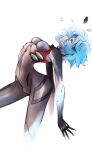  1girl ayanami_rei black_bodysuit blue_hair bodysuit breasts highres interface_headset looking_up medium_breasts neon_genesis_evangelion plugsuit red_eyes short_hair skin_tight yagisawa_teru 