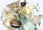  1girl aito animal_ears arknights basket blonde_hair blue_skirt cardigan cat cowboy_shot dutch_angle floating_hair fox_ears fox_girl fox_tail green_eyes heixiu highres holding holding_basket kitsune leaf long_hair long_skirt long_sleeves looking_at_viewer luo_xiaohei luo_xiaohei_zhanji multicolored_hair multiple_tails neck_ribbon official_alternate_costume open_cardigan open_clothes red_ribbon ribbon shirt shirt_tucked_in simple_background skirt smile solo streaked_hair suzuran_(arknights) suzuran_(spring_praise)_(arknights) tail twitter_username white_background white_hair white_shirt yellow_cardigan 