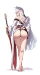 1girl absurdres animal_ears ass barefoot blonde_hair blush character_request clothes_lift copyright_request dress from_behind highres holding holding_sword holding_weapon legs long_hair long_legs looking_at_viewer partially_visible_vulva pinkmarine purple_eyes shiny_skin single_bare_shoulder solo sword thong weapon white_background white_dress 
