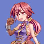  1girl asymmetrical_gloves breasts brown_gloves clenched_hand dark_chronicle elbow_gloves funnyari gloves long_hair monica_(dark_chronicle) open_mouth ponytail red_eyes red_hair simple_background single_elbow_glove smile solo very_long_hair 