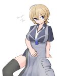  1girl absurdres ahoge black_thighhighs blonde_hair blue_eyes blue_shirt breasts collared_shirt dress_shirt feet_out_of_frame gradient_neckerchief grey_shirt highres invisible_chair kantai_collection large_breasts maru_(marg0613) military_uniform one-hour_drawing_challenge shirt short_hair side_slit simple_background sitting solo thighhighs tuscaloosa_(kancolle) uniform white_background 