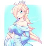  1girl blonde_hair blue_dress blue_eyes brooch character_name crown dress earrings hair_over_one_eye jewelry long_hair long_sleeves mario_(series) nukoko12 off-shoulder_dress off_shoulder own_hands_together parted_lips rosalina solo star_(symbol) star_earrings super_smash_bros. twitter_username 