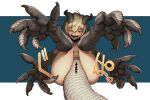 1girl animal_feet animal_hands blonde_hair blue_background breasts claws cloaca colored_eyelashes completely_nude digitigrade dragon_girl dragon_horns dragon_tail fangs feet foot_focus full_body grey_scales hair_between_eyes horns kanemaki_thomas looking_at_viewer monster_girl naughty_face nude open_mouth original scales sharp_teeth short_hair simple_background small_breasts solo tail teeth yellow_eyes 