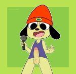  absurd_res anthro balls beanie canid canine canis clothing domestic_dog erection genitals green_background hat headgear headwear hi_res male mammal microphone open_mouth parappa parappa_the_rapper penis purple_clothing purple_shirt purple_topwear sherwind52 shirt simple_background smile solo sony_corporation sony_interactive_entertainment tank_top topwear 