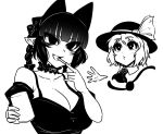  2girls animal_ears bare_shoulders blunt_bangs braid breasts cat_ears cat_tail cleavage collarbone fang greyscale haseru_(ginku_mh) hat hat_ribbon kaenbyou_rin komeiji_koishi large_breasts looking_at_viewer monochrome multiple_girls open_mouth pointy_ears ribbon short_hair side_braid simple_background skin_fang tail touhou 