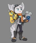  anthro boots clothing ear_piercing female footwear gloves hammer handwear hi_res holding_object holding_weapon lombax looking_aside mammal mechanical_arm piercing ratchet_and_clank rivet_(ratchet_and_clank) scarf simple_background solo sony_corporation sony_interactive_entertainment tools waackery weapon 