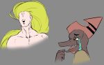  anon_(snoot_game) anthro ather_os blonde_hair bodily_fluids crying dinosaur duo featureless_face hair human humor long_hair male mammal muscular muscular_male open_mouth pterodactylus pterosaur reptile ripley_(snoot_game) scalie scar snoot_game_(fan_game) tears 