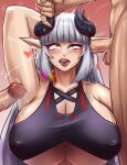  1girl 2boys ^^^ abs ahegao arm_behind_head armpit_sex blunt_bangs bra breasts commentary covered_nipples cum cum_in_ear cum_on_armpits cum_on_body dragon_girl drooling ear_sex english_commentary fangs grey_hair heart hetero highres horn_grab horns large_breasts long_hair multiple_boys original second-party_source underboob underwear very_long_hair 