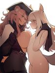  ! 2girls absurdres animal_ear_fluff animal_ears arknights asymmetrical_docking black_headwear black_shorts blush bottomless breast_press breasts brown_eyes cabbie_hat cape cowboy_shot curly_hair distr flat_chest from_side gravel_(arknights) gravel_(modeling_night)_(arknights) hat high-waist_shorts highres horse_ears horse_girl horse_tail large_breasts long_hair looking_at_another looking_down multiple_girls nude official_alternate_costume open_clothes parted_lips pink_hair platinum_(arknights) prairie_dog_ears prairie_dog_girl prairie_dog_tail shorts simple_background smirk smug straight_hair sweat sweatdrop tail white_background white_cape white_hair yellow_eyes yuri 