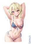  1girl american_flag_bikini armpits arms_up bikini blonde_hair blue_eyes breasts cleavage collarbone colorado_(kancolle) cowboy_shot cropped_legs ebifurya flag_print front-tie_bikini_top front-tie_top highres kantai_collection lips looking_at_viewer medium_breasts navel one-hour_drawing_challenge short_hair side-tie_bikini_bottom smile solo sparks stomach swimsuit twitter_username white_background 