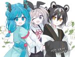  ;d animal_ears antlers black_hairband black_kimono black_skirt blue_eyes blue_hair character_request closed_mouth collared_shirt fake_animal_ears flower g_ieep grey_eyes grey_hair hagoromo hair_ornament hairband hands_in_opposite_sleeves hug japanese_clothes kimono korean_text layered_sleeves long_hair long_sleeves maplestory neck_ribbon one_eye_closed pleated_skirt rabbit_ears red_ribbon ribbon sandwiched shawl shirt short_over_long_sleeves short_sleeves simple_background skirt skull_hair_ornament smile suspenders translation_request upper_body white_background white_flower white_shirt 