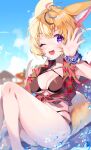  1girl ;d absurdres animal_ear_fluff animal_ears antenna_hair bare_legs bikini black_hair blonde_hair blue_sky blurry blurry_background breasts brown_bikini cleavage cloud cloudy_sky commentary crop_top depth_of_field floral_print fox_ears fox_girl hand_up highres hololive kio_is_here knees_up looking_at_viewer medium_breasts multicolored_hair omaru_polka one_eye_closed open_clothes open_mouth open_shirt pink_hair print_shirt purple_eyes purple_scrunchie red_shirt scrunchie shirt short_hair short_sleeves sidelocks sitting sky smile solo star-shaped_pupils star_(symbol) streaked_hair swimsuit symbol-shaped_pupils thighs tied_shirt virtual_youtuber water_drop waving wrist_scrunchie 