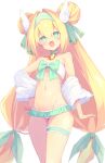  1girl :d absurdres bell bikini blazblue blazblue_alternative:_dark_war blonde_hair bow bow_bikini choker clothes_down collarbone commentary_request cowboy_shot double_bun frilled_bikini frills green_bikini green_bow green_choker green_eyes green_hairband groin hair_between_eyes hair_bow hair_bun hair_intakes hairband hand_on_own_hip heart heart-shaped_pupils highres jacket long_hair low-tied_long_hair multicolored_bikini multicolored_clothes nasunegiuni navel neck_bell official_alternate_costume open_clothes open_jacket open_mouth platinum_the_trinity simple_background smile solo swimsuit symbol-shaped_pupils thigh_strap thighs twintails white_background white_bikini white_jacket wing_hair_ornament 