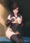  1girl bare_shoulders black_thighhighs breasts brown_eyes brown_hair commentary covering covering_breasts elbow_gloves english_commentary feet_out_of_frame fingerless_gloves flowerxl gloves large_breasts light_blush lips looking_at_viewer messy_hair nose overwatch paid_reward_available parted_lips short_hair sidelighting sitting solo thighhighs tracer_(overwatch) 