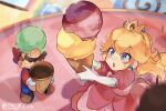  1boy 1girl blonde_hair blue_eyes crown earrings facial_hair food gloves hanaon hat highres ice_cream jewelry long_hair mario mario_(series) mario_party mario_party_5 mustache overalls princess_peach 