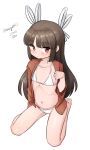  1girl absurdres aged_down barefoot bikini blunt_bangs brown_eyes brown_hair flat_chest hair_ribbon highres hime_cut hiyou_(kancolle) jacket kantai_collection long_hair looking_at_viewer maru_(marg0613) one-hour_drawing_challenge open_clothes open_jacket orange_jacket ribbon seiza sidelocks simple_background sitting solo swimsuit white_background white_bikini white_ribbon 