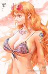  1girl arms_at_sides artist_logo bikini breasts closed_mouth copyright_name earrings eyewear_on_head front-tie_bikini_top front-tie_top highres jewelry large_breasts lips long_hair looking_away nami_(one_piece) necklace one_piece orange_eyes orange_hair red-tinted_eyewear rimless_eyewear round_eyewear shoulder_tattoo smile solo swimsuit tattoo tinted_eyewear twitter_username upper_body very_long_hair yellow70377686 