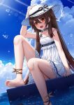  1girl absurdres barefoot black_ribbon blue_sky blush breasts brown_footwear brown_hair choker cloud cloudy_sky collarbone day dress feet foot_out_of_frame frilled_choker frilled_dress frills genshin_impact hair_between_eyes hat hat_ribbon highres hu_tao_(genshin_impact) knee_up legs lens_flare looking_at_viewer ocean open_mouth outdoors red_eyes ribbon shadow shiny_skin sidelocks sky skym_(kumei) sleeveless sleeveless_dress small_breasts soles strap_slip symbol-shaped_pupils thighs toes twintails water white_dress white_headwear 