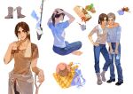  1boy 1girl alternate_costume arm_around_neck barefoot belt boots breasts brown_hair clothes_around_waist cowboy_shot cup denim facing_away falco_grice friends full_body gabi_braun hat highres holding holding_shovel jeans looking_at_viewer luguoadeli_(maple12031) medium_hair mug pants shingeki_no_kyojin shirt shoes shovel sitting small_breasts smile sun_hat sweatdrop t-shirt towel towel_around_neck tying_hair white_background 