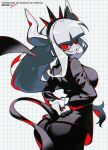  1girl arm_behind_back artist_name ass black_jacket black_pants black_suit blunt_bangs btmr_game clenched_teeth formal from_behind gloves grey_hair grin helltaker highres horns jacket long_hair looking_at_viewer looking_back lucifer_(helltaker) pants red_eyes simple_background smile solo suit tail teeth white_gloves 