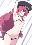  1girl armpits arms_behind_head bikini blue_archive blush breasts cameltoe dutch_angle halo hat highres iroha_(blue_archive) kozuka_yasushi long_hair looking_at_viewer micro_bikini military_hat navel purple_bikini purple_eyes purple_hair small_breasts smile solo swimsuit very_long_hair 