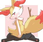  1girl ^^^ animal_ear_fluff animal_ears animal_feet animal_hands animal_nose ass black_fur blush body_fur border botan_(tabon00001942) braixen breasts commentary_request covering covering_ass embarrassed fang fox_ears fox_girl fox_tail from_behind full_body furry furry_female half-closed_eyes hand_up highres looking_at_viewer looking_back multicolored_fur neck_fur nose_blush open_mouth outside_border partial_commentary pawpads pink_background pokemon pokemon_(creature) red_eyes sideways_mouth simple_background sitting skin_fang small_breasts snout solo stick sweat tail wariza white_border white_fur yellow_fur 
