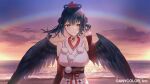  1girl bare_shoulders beach black_hair black_wings breasts brown_eyes closed_mouth detached_sleeves double_bun feathered_wings hair_bun hat japanese_clothes kimono koori_(superumaice) large_breasts long_hair looking_at_viewer nijisanji obi ocean official_art pom_pom_(clothes) rainbow red_headwear sash sleeveless sleeveless_kimono smile solo sunset tokin_hat twintails virtual_youtuber wings yamagami_karuta yamagami_karuta_(1st_costume) 