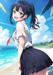  1girl :d absurdres beach black_hair black_skirt blue_eyes blue_sky blush bra_visible_through_clothes cloud commentary contrail day hair_between_eyes highres horizon isakoro_(hx9cj) looking_at_viewer ocean open_mouth original outdoors palm_tree pleated_skirt ponytail school_uniform see-through see-through_shirt shirt short_hair sidelocks skirt sky smile solo teeth tree uniform upper_teeth_only wet wet_clothes wet_shirt white_shirt 