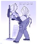  anthro avian beak bent_over bird bottomwear bottomwear_down butt cleaning_tool clothed clothing dialogue eyes_closed feathers female gloves handwear hi_res monochrome mop panties pants pants_down partially_clothed shirt solo tail_feathers topwear underwear undressing wet_floor_sign wick_(artist) 