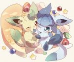  :3 blue_eyes blueberry blush_stickers brown_eyes cherry commentary cream crepe food fruit glaceon hand_on_another&#039;s_face leaf leafeon one_eye_closed pokemon pokemon_(creature) sitting star_(symbol) strawberry strawberry_slice yupo_0322 