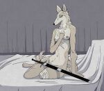  amputee anthro bandage borzoi breasts canid canine canis chest_tuft digitigrade disability domestic_dog female garbagegarage hi_res hunting_dog iszabella_wimperschlaack mammal melee_weapon nipples nude scar sighthound sitting smile solo strategically_covered sword tuft weapon 