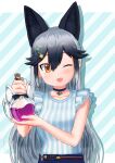  1girl animal_ears black_choker black_hair blue_shirt blue_skirt blush casual choker extra_ears fox_ears fox_girl frilled_sleeves frills grey_hair hair_between_eyes hair_ornament hairclip kemono_friends kemono_friends_3 looking_at_viewer multicolored_hair official_alternate_costume one_eye_closed open_mouth orange_eyes potion shirt sidelocks silver_fox_(kemono_friends) skirt smile solo striped striped_shirt two-tone_shirt white_shirt yumeumi_sousaku 