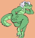  anthro anus balls butt crocodile crocodilian crocodylid genitals hair hi_res hindpaw larry_(apolonoise) long_hair male nails paws pose reptile scalie shiningnoise solo tail white_hair 