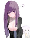  2girls =_= ? absurdres black_robe breasts capelet closed_eyes closed_mouth commentary_request dress earrings elf fern_(sousou_no_frieren) frieren grey_hair highres jewelry large_breasts long_hair looking_at_viewer memekko multiple_girls open_clothes open_robe parted_bangs pointy_ears purple_eyes purple_hair robe see-through shirt short_eyebrows simple_background sousou_no_frieren striped striped_shirt thick_eyebrows twintails very_long_hair white_background white_dress 