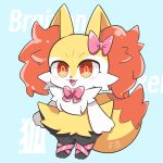  1girl :3 animal_ear_fluff animal_ears animal_hands animal_nose arms_at_sides artist_name black_fur blue_background blush body_fur bow bowtie braixen c_(flash_berries) character_name chibi commentary fang flat_chest fox_ears fox_girl fox_tail full_body furry furry_female hair_bow happy highres jaggy_lines leg_ribbon light_blush looking_at_viewer mixed-language_text multicolored_fur neck_fur open_mouth pink_bow pink_bowtie pink_ribbon pokemon pokemon_(creature) red_eyes ribbon signature smile solo standing tail text_background translated white_fur yellow_fur 