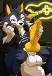  animal_genitalia animal_penis anthro balls canine_genitalia canine_penis chair clothed clothing digital_media_(artwork) erection fan_character furniture generation_7_pokemon genitals headphones headphones_around_neck hi_res holding_penis knot looking_at_viewer lycanroc male nintendo on_chair penis pokemon pokemon_(species) presenting presenting_penis sallandril simple_background sitting sitting_on_chair smile smirk solo tail 