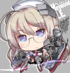  1girl adapted_turret ahoge asymmetrical_sidelocks black_sailor_collar black_skirt blue_eyes cannon character_name chibi dixie_cup_hat glasses gloves grey_hair hat heywood_l._edwards_(kancolle) highres kantai_collection kuroneko_(kuroneko_works) long_hair military_hat miniskirt off_shoulder pleated_skirt rigging sailor_collar school_uniform single_glove skirt solo white_gloves white_headwear 