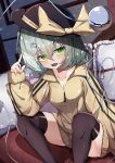  1girl absurdres black_headwear black_thighhighs blush bow breasts commentary_request dfra eyeball feet_out_of_frame frilled_pillow frills green_eyes green_hair hair_between_eyes hand_up hat hat_bow heart heart-shaped_pupils heart_of_string highres indoors knees_up komeiji_koishi long_sleeves looking_at_viewer medium_hair no_pants open_mouth partially_unzipped pillow sitting solo sweater symbol-shaped_pupils thighhighs third_eye touhou yellow_bow yellow_sweater zipper_pull_tab 