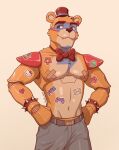  2023 animatronic anthro bear belt bodypaint bottomwear bow_tie bracelet brown_body brown_fur choulmake clothed clothing covered_nipples cute_fangs digital_media_(artwork) ear_piercing ear_ring eyebrows face_paint five_nights_at_freddy&#039;s five_nights_at_freddy&#039;s:_security_breach fur glamrock_freddy_(fnaf) hat headgear headwear hello_kitty_(character) hello_kitty_(series) hi_res jewelry machine male mammal muscular muscular_anthro muscular_male navel pants pecs piercing pose ring_piercing robot sanrio scottgames simple_background smile solo spiked_bracelet spikes steel_wool_studios stickers tan_background tan_body tan_fur top_hat topless 