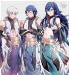  ! !! 1girl 3boys abs alternate_costume ameno_(a_meno0) arm_tattoo armlet bare_shoulders black_shirt black_sleeves blue_eyes blue_hair blush bridal_gauntlets brown_eyes chibi chrom_(fire_emblem) closed_eyes commentary_request cosplay cropped_jacket crossed_arms detached_sleeves fire_emblem fire_emblem_awakening fire_emblem_heroes hair_between_eyes inigo_(fire_emblem) inigo_(fire_emblem)_(cosplay) inigo_(performing_arts)_(fire_emblem) jacket jewelry long_hair looking_at_viewer lucina_(fire_emblem) midriff multiple_boys muscular muscular_male navel pants pelvic_curtain robin_(fire_emblem) robin_(male)_(fire_emblem) shirt short_hair smile stomach sweatdrop tattoo tiara turtleneck white_hair white_jacket 