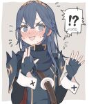  !? 1girl absurdres blue_eyes blue_hair blush cape ear_blush embarrassed fingerless_gloves fire_emblem fire_emblem_awakening flat_chest glove_cuffs gloves hair_between_eyes highres jacomodayo long_hair looking_at_viewer lucina_(fire_emblem) nose_blush open_mouth smile solo strap surprised sweat tiara 