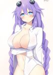  1girl absurdres alternate_breast_size blue_eyes braid breasts cleavage hair_between_eyes highres large_breasts long_hair long_sleeves looking_at_viewer naked_shirt neptune_(series) nitoya no_panties power_symbol purple_hair purple_heart shirt sidelocks solo symbol-shaped_pupils twin_braids white_shirt 