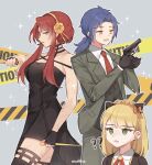  1boy 2girls anya_(spy_x_family) anya_(spy_x_family)_(cosplay) black_dress black_gloves black_vest blonde_hair blue_hair bun_cover chesed_(project_moon) cigarette cosplay dress flower gebura_(project_moon) gloves green_eyes grey_jacket grey_pants hair_flower hair_ornament hairband jacket library_of_ruina long_hair love_mintchoco low_ponytail multiple_girls necktie open_mouth pants parted_lips project_moon red_hair red_necktie scar sidelocks smile spy_x_family tiphereth_a_(project_moon) twilight_(spy_x_family) twilight_(spy_x_family)_(cosplay) vest yellow_flower yellow_hairband yor_briar yor_briar_(cosplay) 